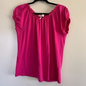 Guess | Hot Pink Smocked Hem Crew Neck Solid Pullover Short Sleeve Top, M